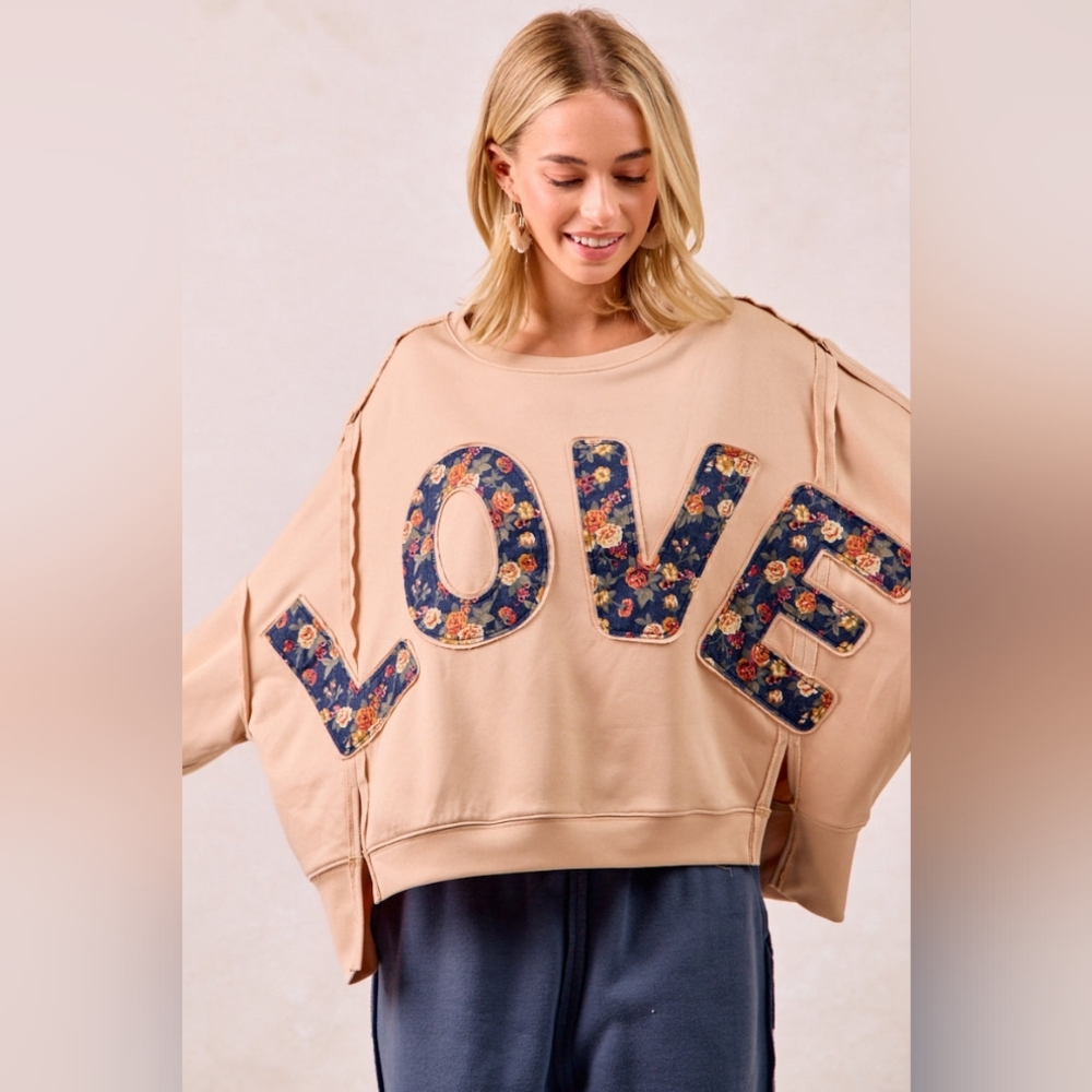 Floral 'LOVE' Appliqué Oversized Sweatshirt - Beige